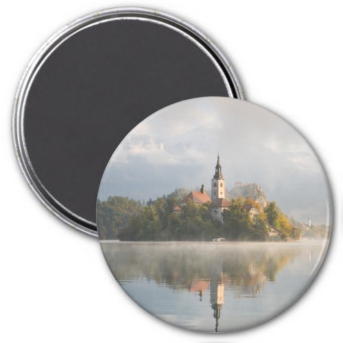 Foggy Bled Lake sunrise round magnet