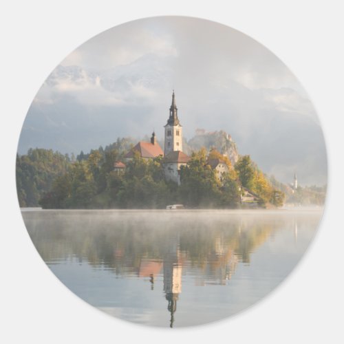 Foggy Bled Lake sunrise round sticker