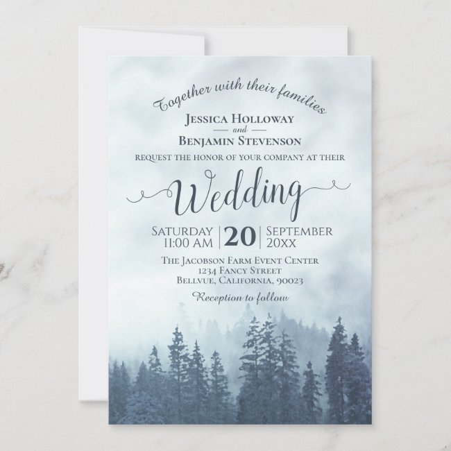 Foggy Blue Mountain Pines Rustic Outdoors Wedding Invitation