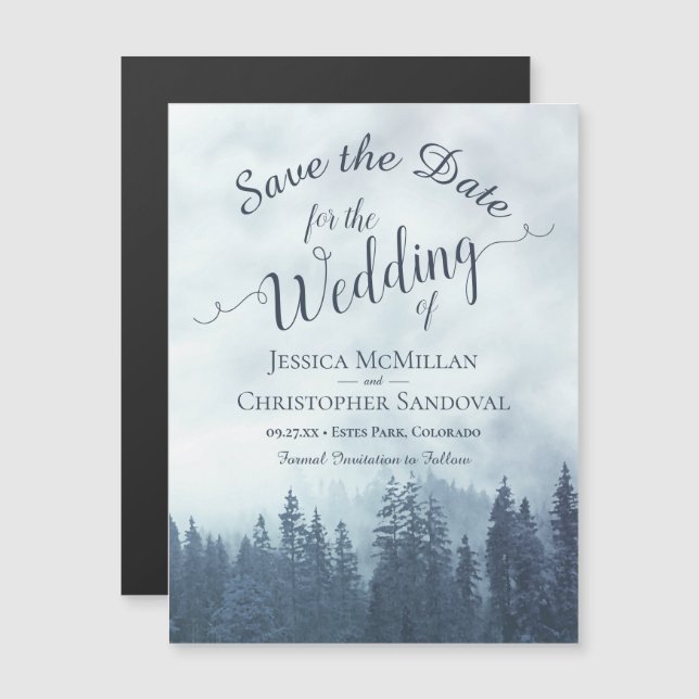 Foggy Blue Mountain Pines Wedding Save the Date Magnetic Invitation (Front/Back)
