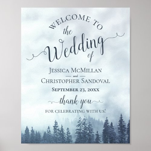 Foggy Blue Pine Forest Rustic Wedding Welcome Sign