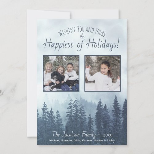 Foggy Blue Pine Trees 2 Photo Rustic Watercolor Holiday Card