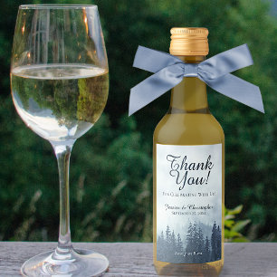 Foggy Blue Pine Trees Wedding Thank You Mini Wine Label