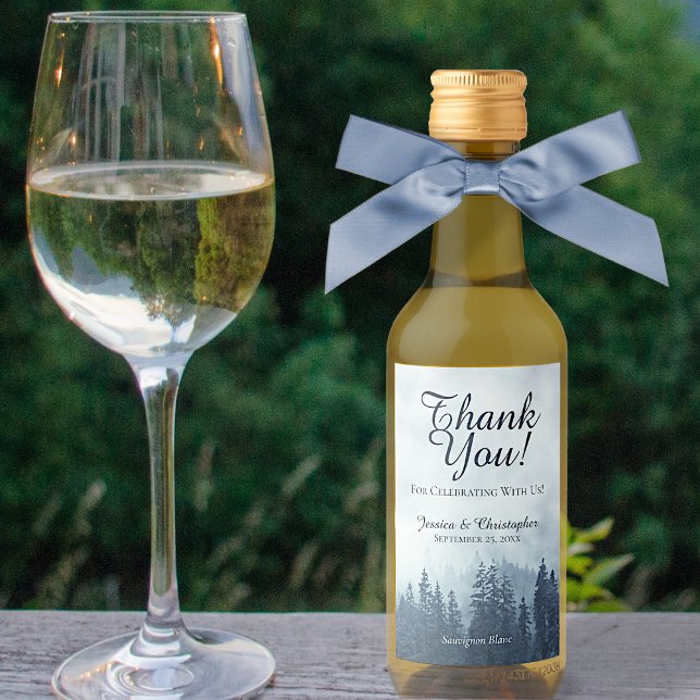 Foggy Blue Pine Trees Wedding Thank You Mini Wine Label (Creator Uploaded)
