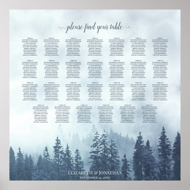 Foggy Blue Pines 27 Table Wedding Seating Chart (Front)
