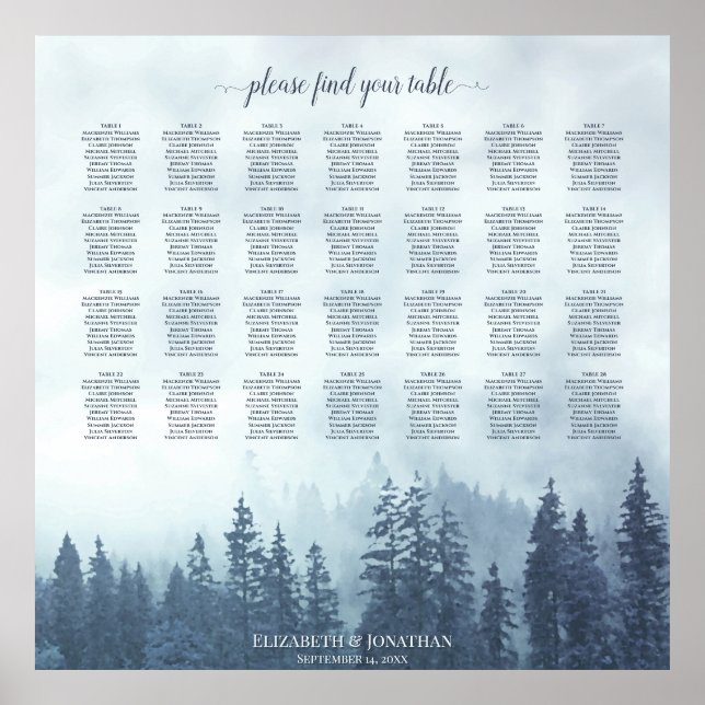 Foggy Blue Pines 28 Table Wedding Seating Chart (Front)
