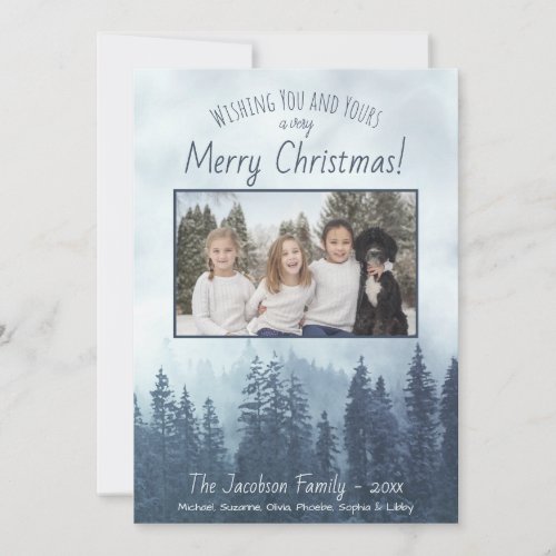 Foggy Blue Pines Photo Rustic Watercolor Christmas Holiday Card