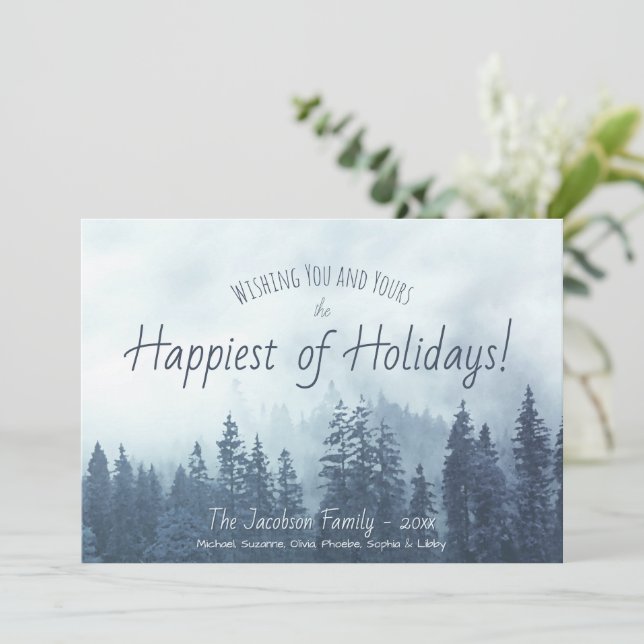 Foggy Blue Pines Rustic Mountain Watercolor Holiday Card (Standing Front)