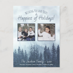 Foggy Blue Pines Rustic Watercolor 2 Photo Holiday Postcard
