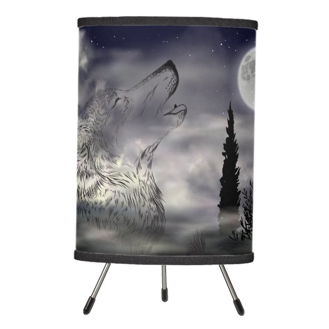 Foggy  Forest Moon Howling Wolf Tripod Lamp (Front)