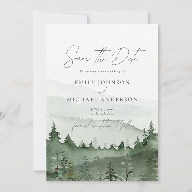 Foggy Forest Pine Tree Save the Date CARD (Front)