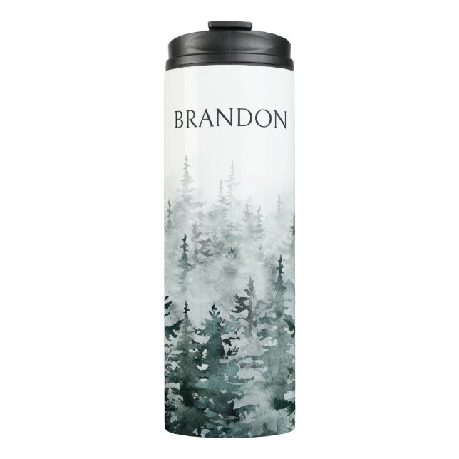 Foggy Forest pine trees personalized name Thermal Tumbler (Front)