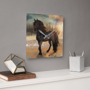 Foggy Friesian Morning - Horse Square Wall Clock