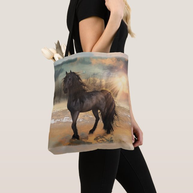 Foggy Friesian Morning - Horse Tote Bag (Close Up)