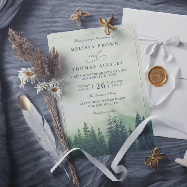 Foggy Green Mountain Pines Rustic QR Code Wedding Invitation (Creator Uploaded)