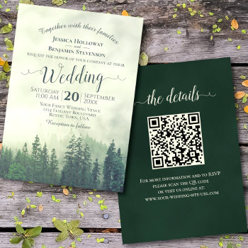 Foggy Green Mountain Pines Rustic Qr Code Wedding Invitation by ZingerBug at Zazzle