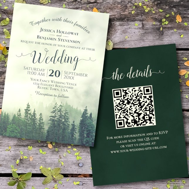 Foggy Green Mountain Pines Rustic QR Code Wedding Invitation (Front/Back)