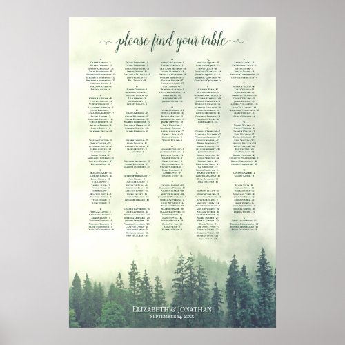 Foggy Green Pine Forest Alphabetical Seating Chart