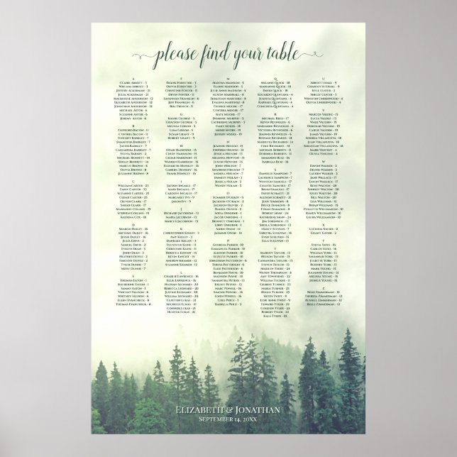Foggy Green Pine Forest Alphabetical Seating Chart (Front)
