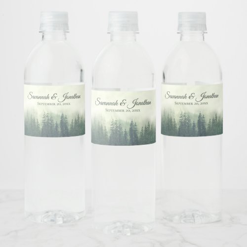 Foggy Green Pine Forest Rustic Wedding Water Bottle Label