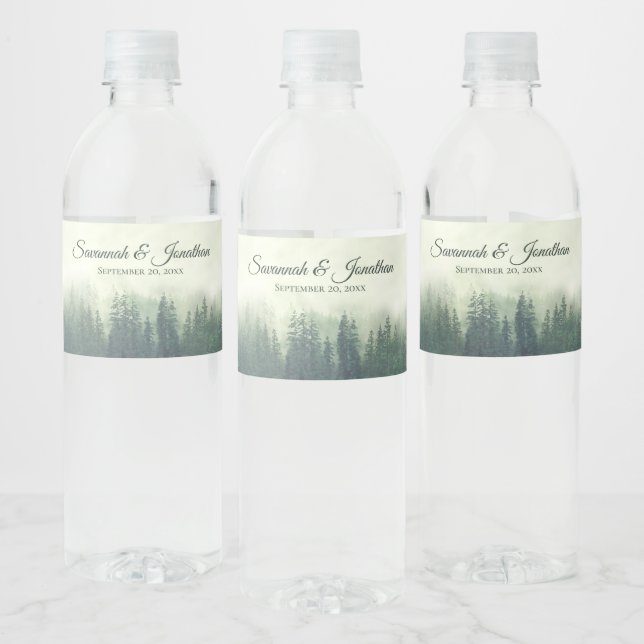 Foggy Green Pine Forest Rustic Wedding Water Bottle Label (Bottles)