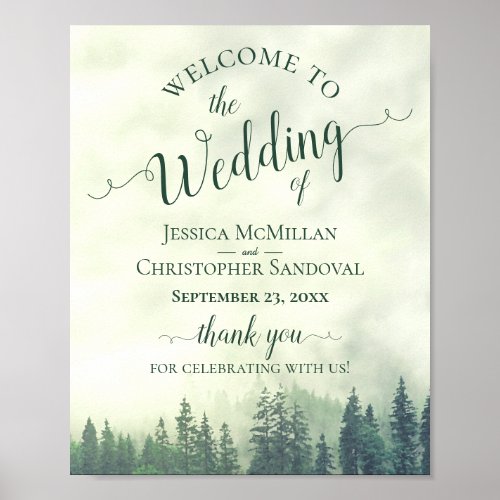 Foggy Green Pine Forest Wedding Welcome Sign