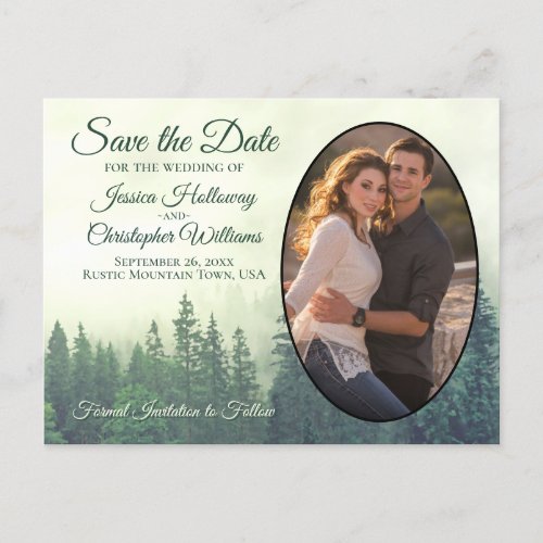 Foggy Green Pine Trees Oval Photo Save The Date Announcement Postcard