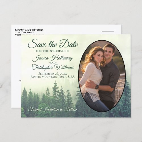 Foggy Green Pine Trees Oval Photo Save The Date Announcement Postcard