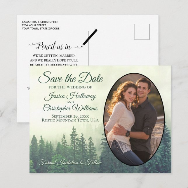 Foggy Green Pine Trees Oval Photo Save The Date Announcement Postcard (Front/Back)