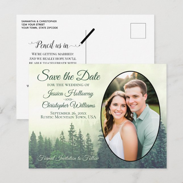 Foggy Green Pine Trees Oval Photo Save The Date Announcement Postcard (Front/Back)