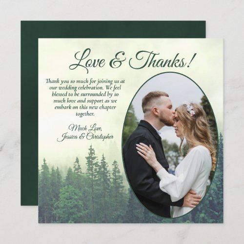 Foggy Green Pine Trees Rustic Wedding Oval Photo Thank You Card