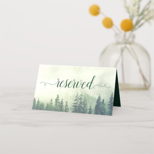 Foggy Green Pine Trees Rustic Wedding Reserved Place Card