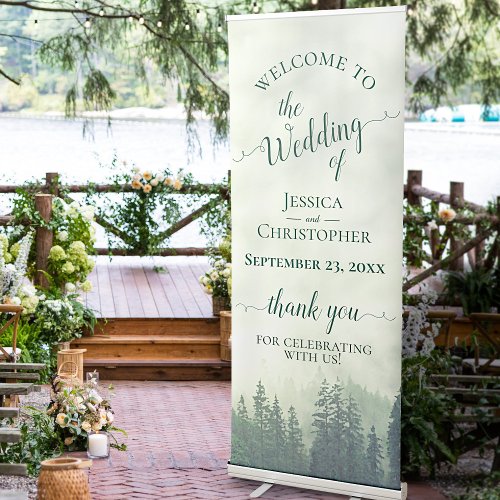 Foggy Green Pine Trees Rustic Wedding Welcome Retractable Banner