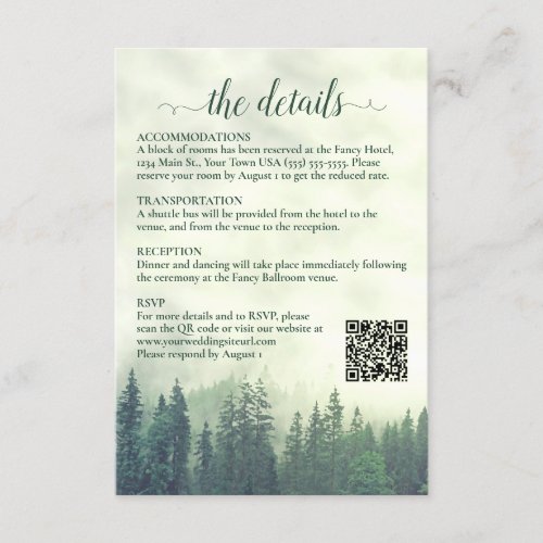 Foggy Green Pine Trees Wedding Details QR Code Enclosure Card