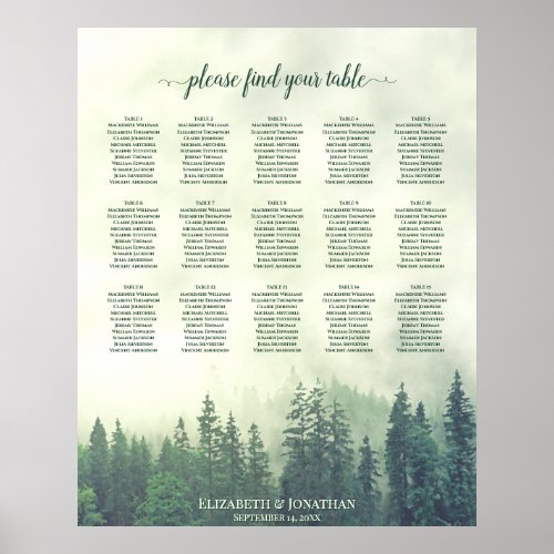 Foggy Green Pines 15 Table Wedding Seating Chart