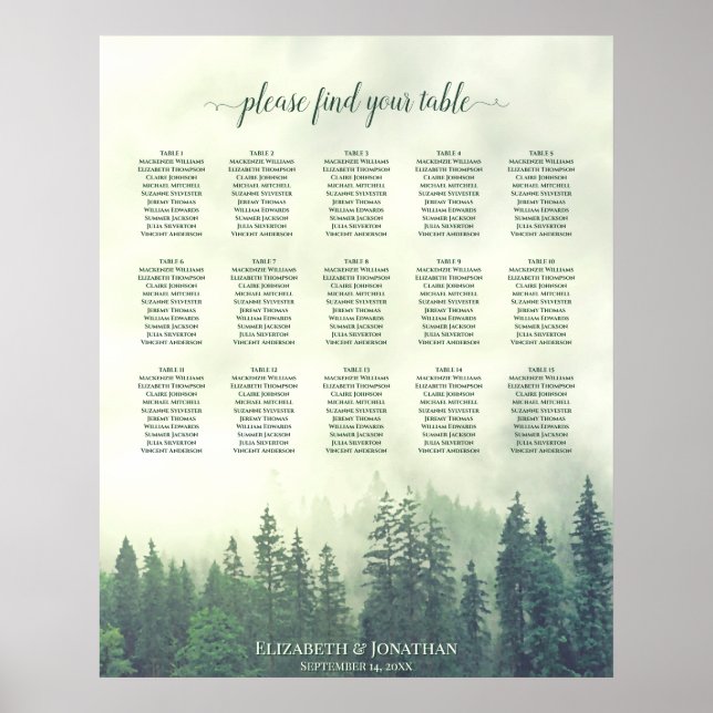 Foggy Green Pines 15 Table Wedding Seating Chart (Front)