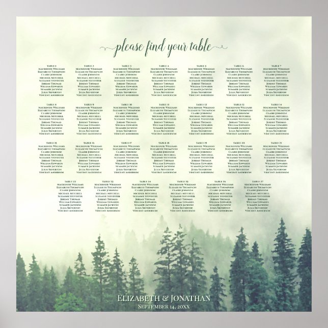 Foggy Green Pines 27 Table Wedding Seating Chart (Front)