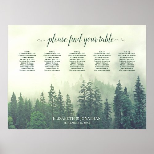 Foggy Green Pines 5 Table Wedding Seating Chart