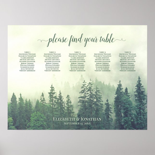 Foggy Green Pines 5 Table Wedding Seating Chart (Front)