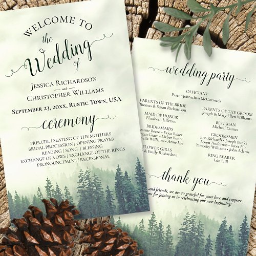 Foggy Green Pines Budget Wedding Program