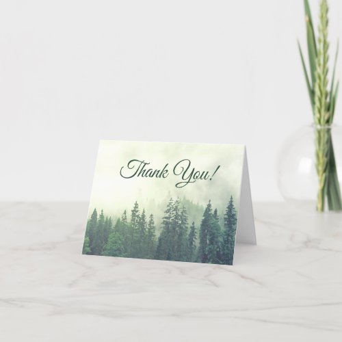 Foggy Green Pines Simple Rustic Wedding Photo Thank You Card