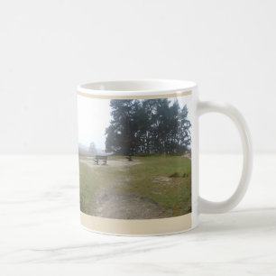 Foggy Heathland with Bench Panoramic Landscape Mug