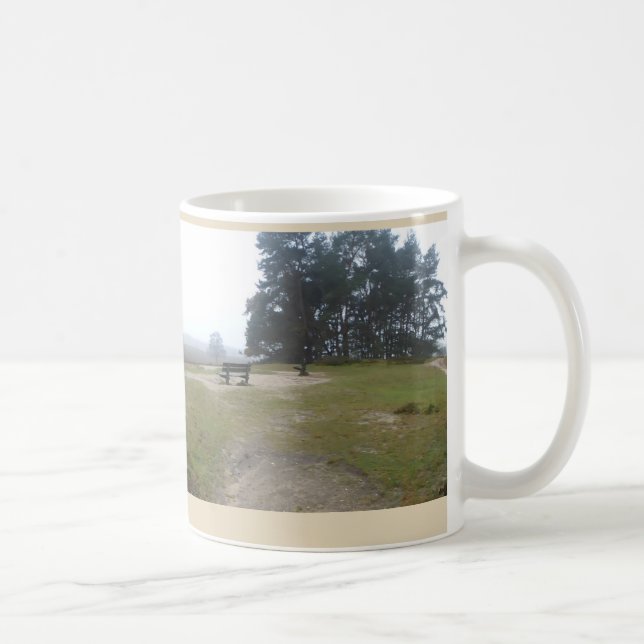 Foggy Heathland with Bench Panoramic Landscape Mug (Right)