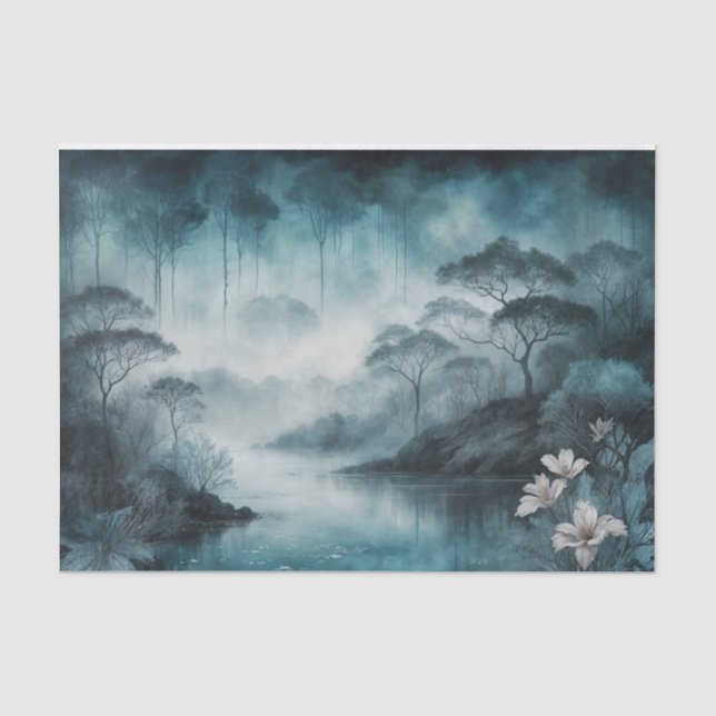 Foggy Lake Cove – Moody Blue and Gray Landscape Tissue Paper (Front)