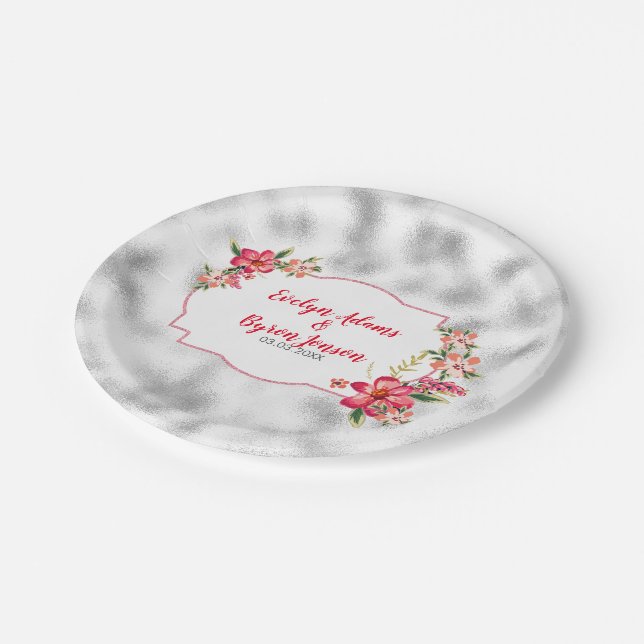Foggy Light Gray Glass And Pink Flowers Paper Plates (Angled)