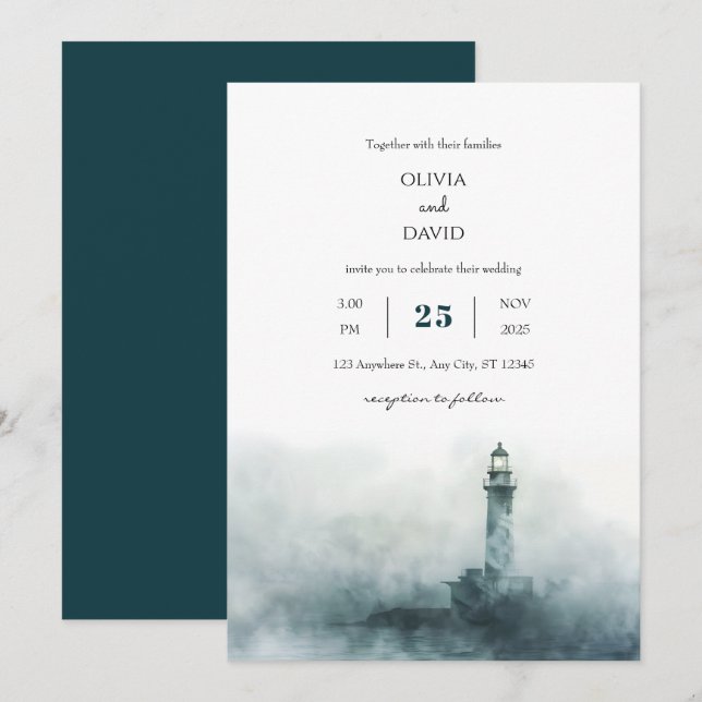 Foggy Lighthouse Morning Watercolor Beach Wedding  Invitation (Front/Back)