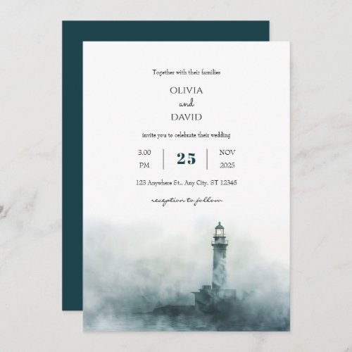 Foggy Lighthouse Morning Watercolor Beach Wedding  Invitation