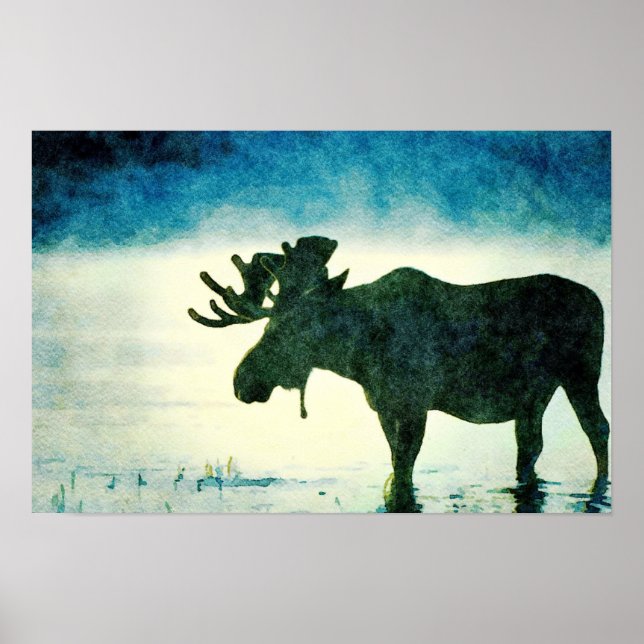 Foggy Moose Silhouette Watercolor Painting Poster (Front)