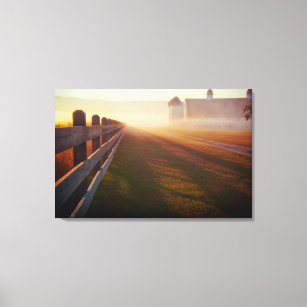 Foggy Morning Farm   Fence at Sunrise Canvas Print