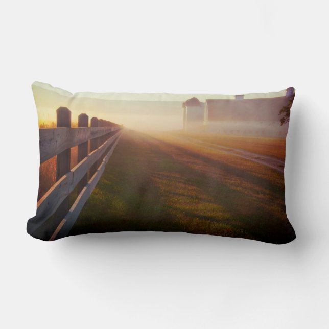 Foggy Morning Farm | Fence at Sunrise Lumbar Pillow (Front)